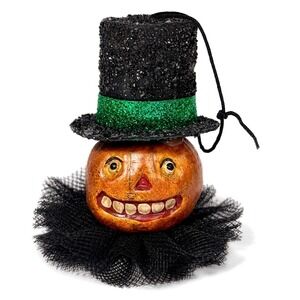 Bethany Lowe 2003 Smiling Jack O Lantern Pumpkin Top Hat Halloween Ornament 3"